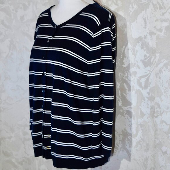 Talbots Women's XL Navy Blue White Striped V-Neck Cardigan Sweater - Picture 3 of 6